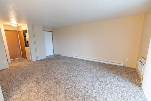 A room with a carpeted floor and a door on the left side.
