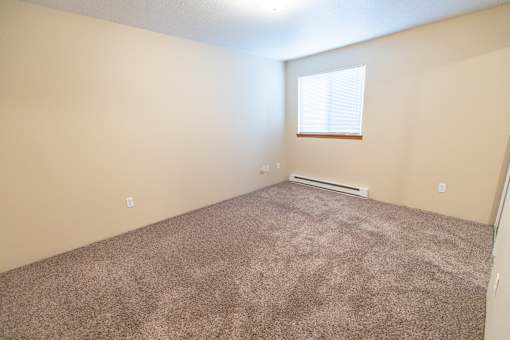 A room with a carpeted floor and a window.