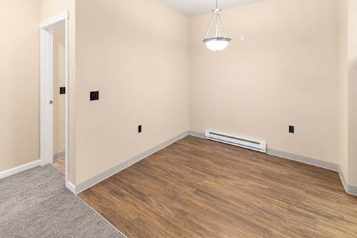 A room with a wooden floor and a white door.