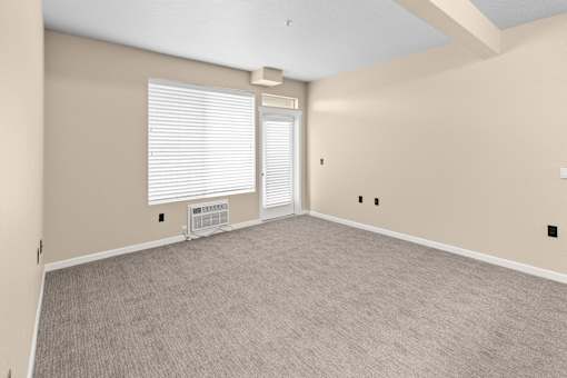 A room with a window and a carpeted floor.