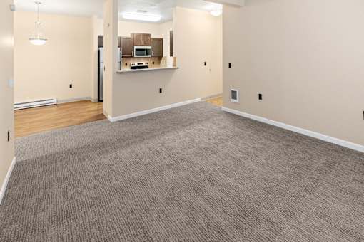 A spacious room with a grey carpet and a kitchen area in the background.