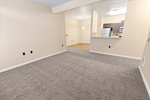 Empty room with carpeted floor and white walls.