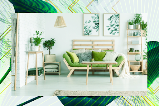 A living room with a wooden sofa and green cushions.