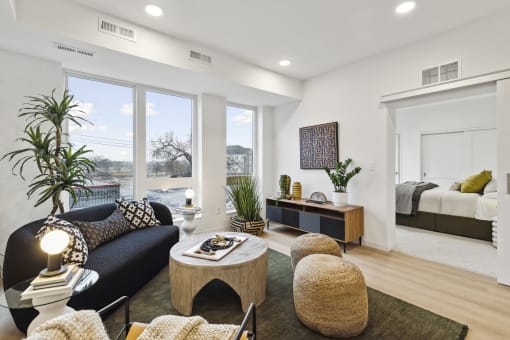 a living room with a couch and a coffee table