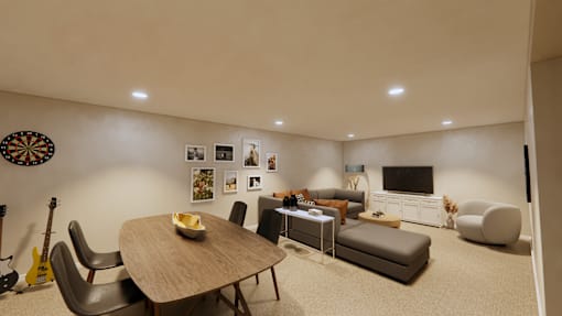 A modern living room with a dartboard on the wall.