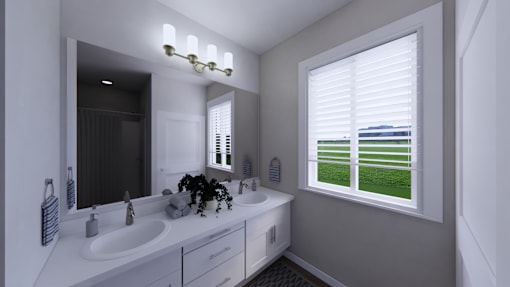 A bathroom with a large mirror, a window with blinds, and a sink with a plant on the counter.