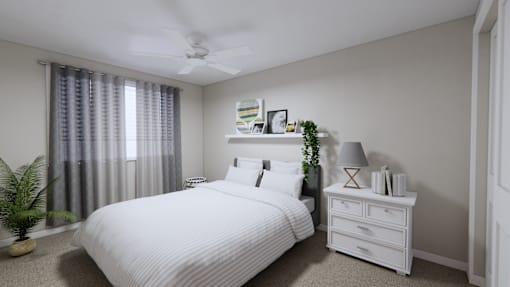 A white bedroom with a bed, nightstand, and a plant.