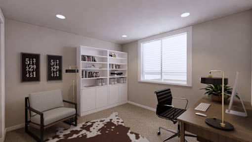 A room with a chair, a desk, and a cowhide rug.