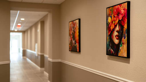 Two paintings of a woman with flowers in her hair hang on a wall in a hallway.