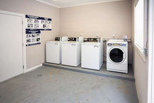 A row of washing machines in a laundry room.
