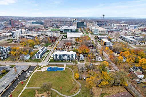 An aerial view of a Park Lamont and Cleveland