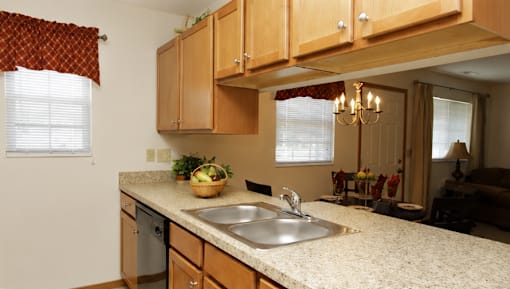 A kitchen with wooden cabinets and a marble countertop.
