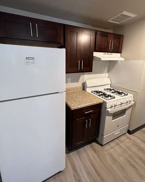 A white fridge and a white stove in a kitchen.