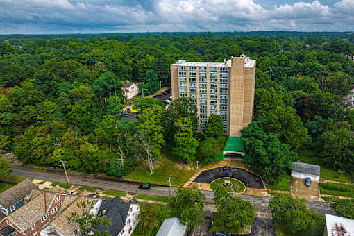 A large building with a green roof is surrounded by trees.