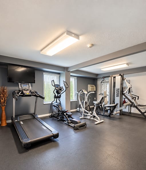 A spacious gym with a variety of equipment including treadmills, stationary bikes, and weight machines.