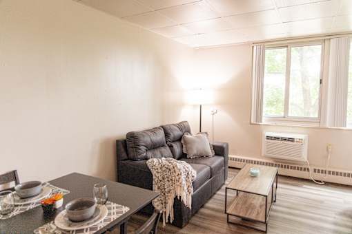 A black leather couch with a grey throw blanket sits in a living room with a table and chairs.