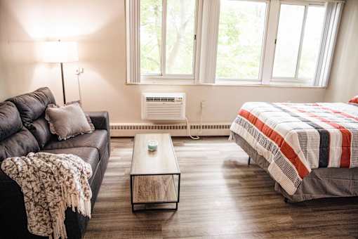 A living room with a couch, a coffee table, and a bed.