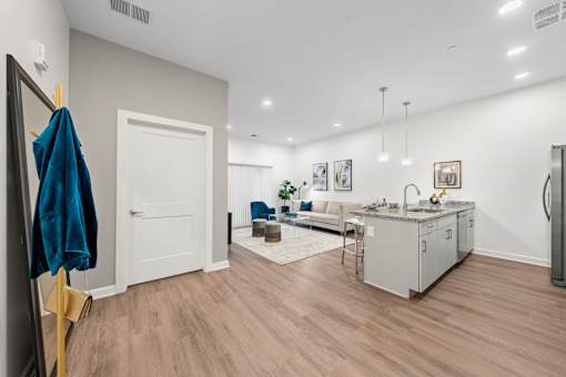 A room with a white door, a blue towel hanging on a gold rack, and a grey couch. at The Lumos Apartments, Cleveland, OH