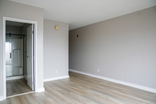 an empty living room with a sliding glass door to a closet