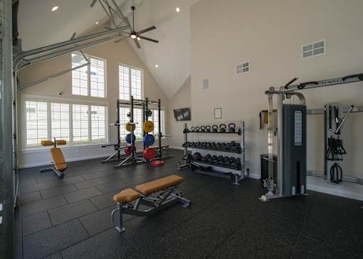 the weights room at the preserve at great pond apartments in windsor ct at The Bend, Ohio, 43130