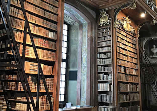 a library with two large bookshelves and a large window