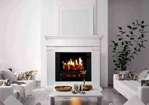 a living room with a fireplace and a pool table