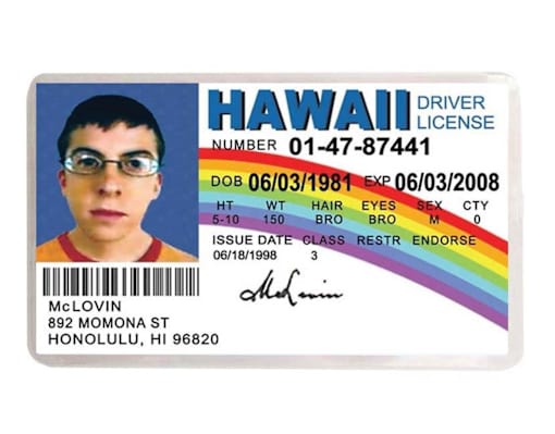 a fake hawaiian drivers license with a photo of a man wearing glasses