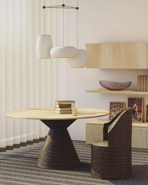 a dining table and chairs in a room with white walls and white vertical blinds