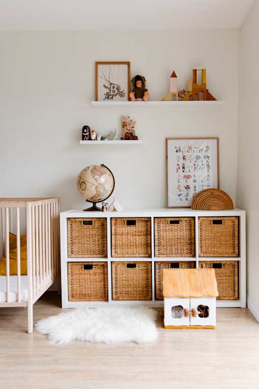 a modern and funky nursery reveal with a gender neutral nursery for a little boy and girl