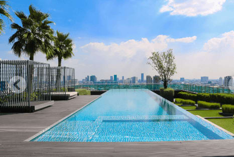 a swimming pool with a city skyline in the background
