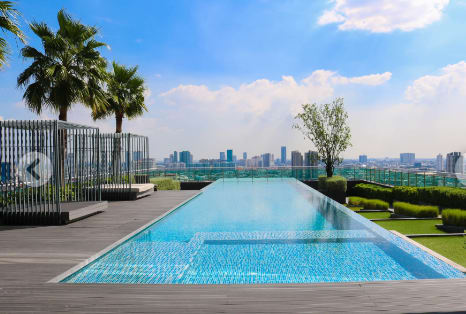 a swimming pool with a city skyline in the background