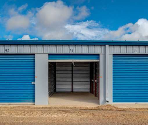 A storage facility with doors numbered 41, 42, and 43.