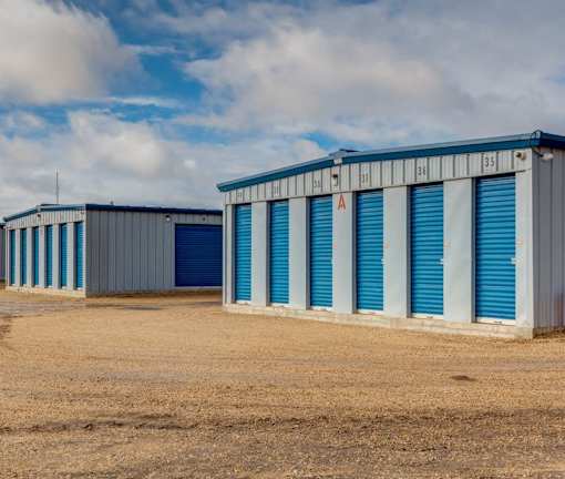 A series of storage units with blue doors are lined up in a row.