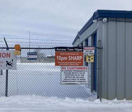 A sign warns of falling ice and snow at 10pm sharp.