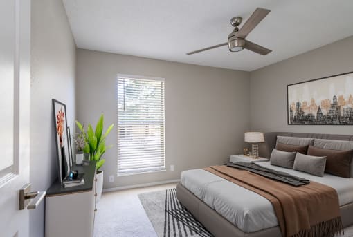 Bedroom with plush carpeting  at Acacia Gardens, Albuquerque, NM, 87111