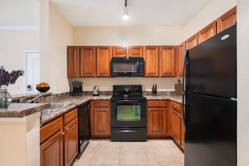 A kitchen with black appliances and wooden cabinets.