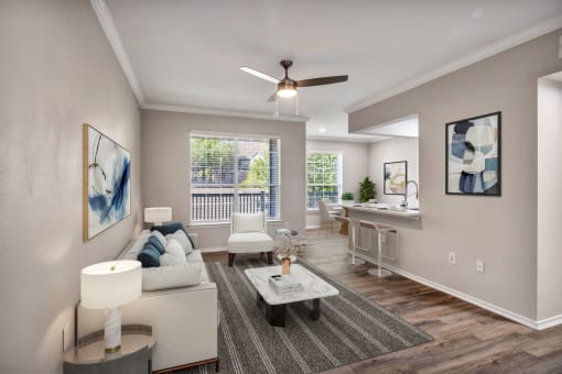 Renovated deluxe home featuring wood plank flooring at The Lodge at Lakeline Village, Cedar Park, TX