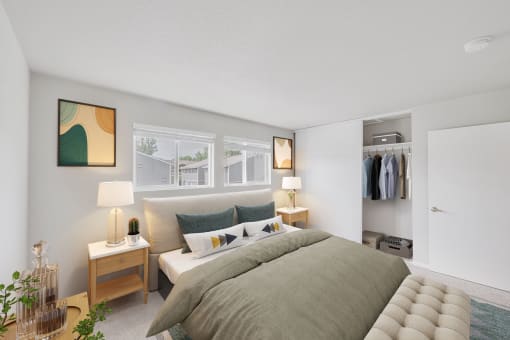 a bedroom with a large bed and a walk in closet at 2300 West Apartments, Reno, Nevada