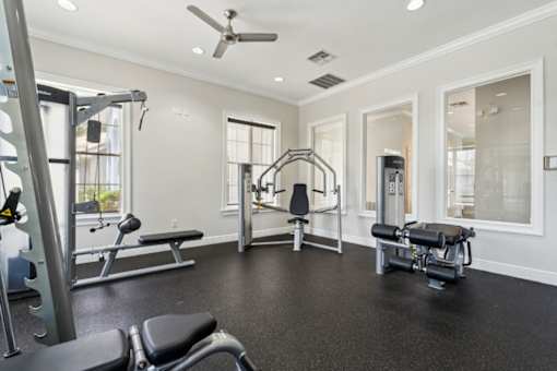 Free weights and fitness equipment in the 24 hour gym at Ballantrae Apartments