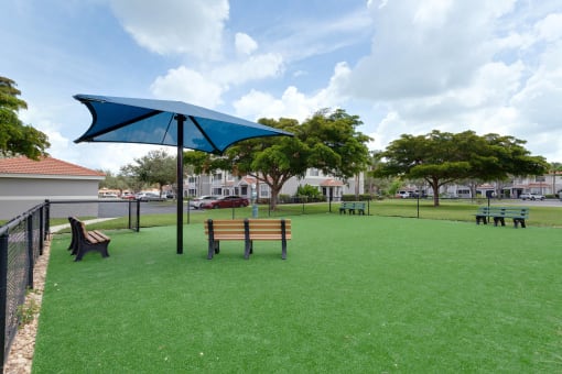 a dog park with benches and an umbrella in the grass