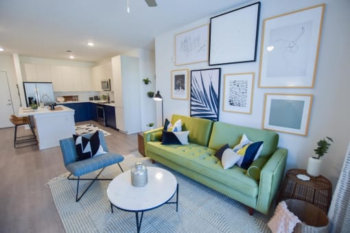 Open concept kitchen and living room at The Maven, Suwanee, GA, 30024