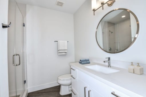 a bathroom with a white sink and toilet next to a shower with a glass door at Element, Tampa, FL