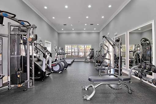 A spacious gym with a variety of equipment.
