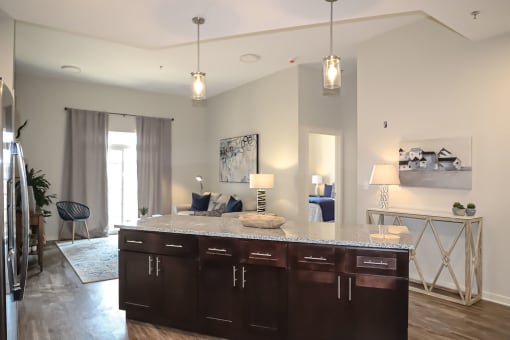 Kitchen island with pendant lighting  at The Station at River Crossing, Georgia
