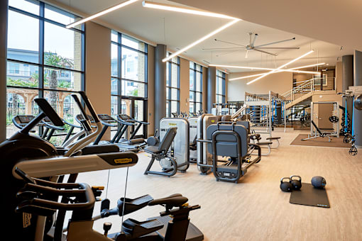 A gym with a variety of equipment including treadmills, stationary bikes, and weight machines.