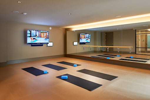 A yoga studio with mats and screens on the wall.