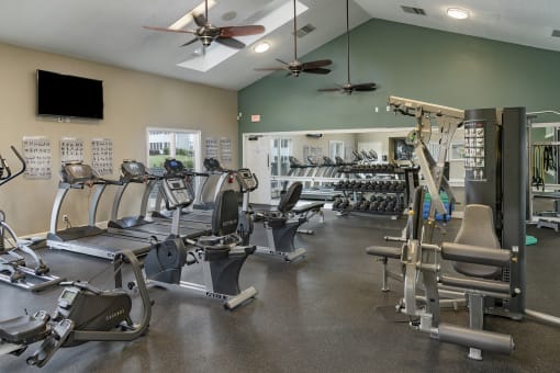 Fitness center with cardio and weight equipment at Saddleworth Green, Ocala, FL, 34474