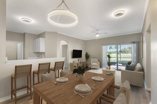 Open concept Living and Dining Room with attached screened in patio