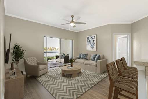 An open living room with enclosed patio