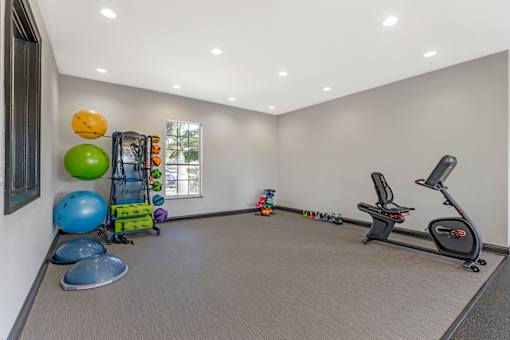 A large room with exercise equipment and room for floor excercies